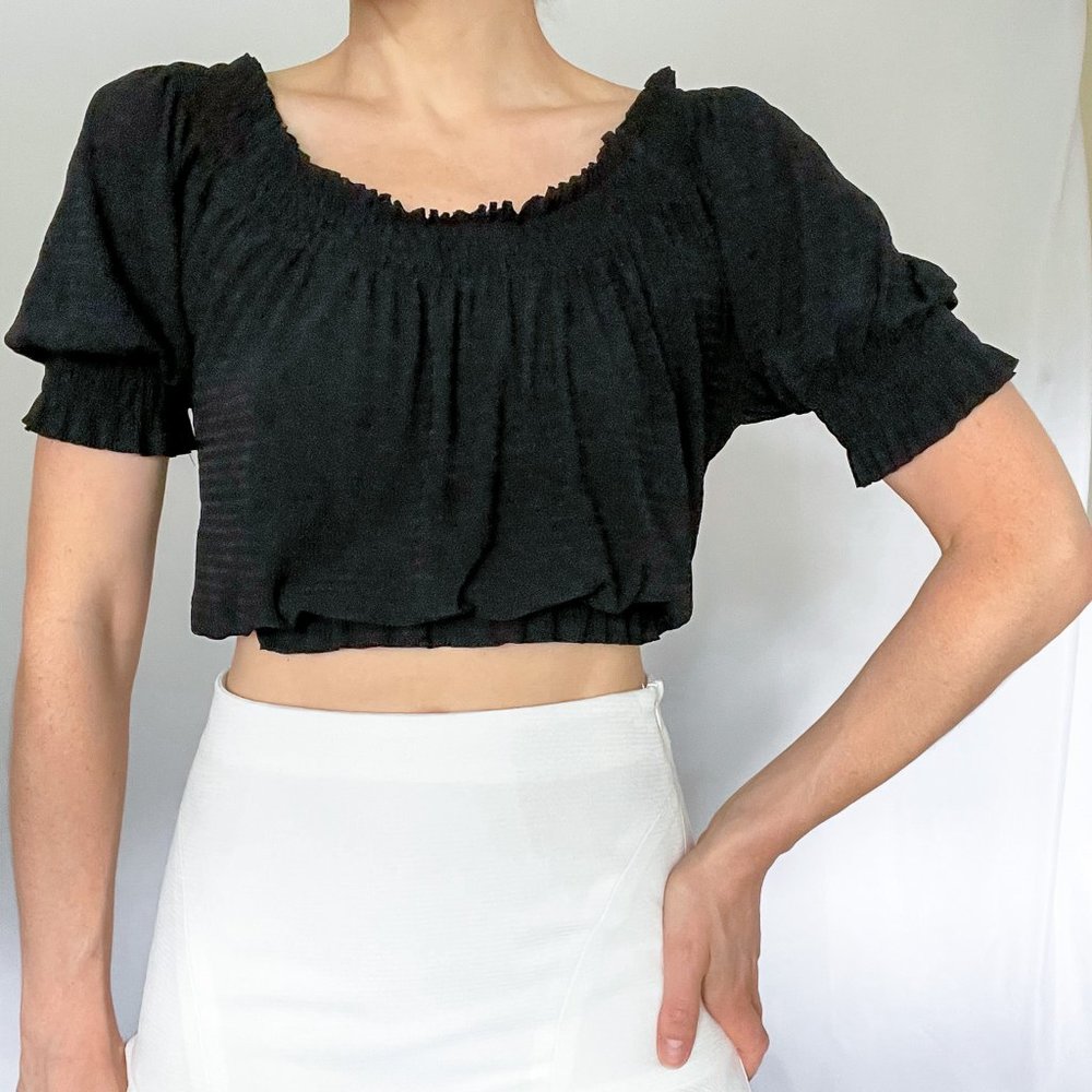 Zara Black Off The Shoulder Puff Short Sleeve Crop Top